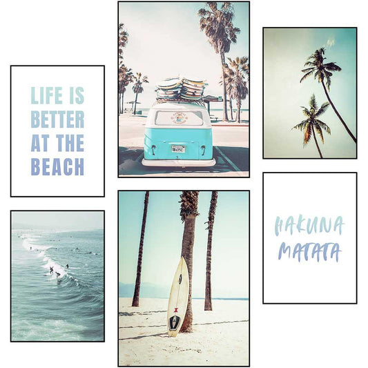 6-teiliges Premium Poster Set "Surfer Bulli California Beach" - Reframed Poster Sets
