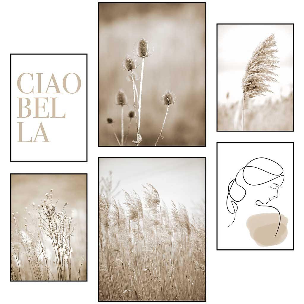 6-teiliges Premium Poster Set "Beige Flowers CIAO BELLA" - Reframed Poster Sets