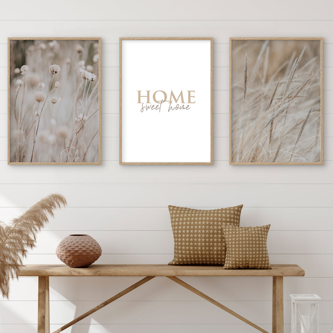 3-teiliges Premium Poster Set Beige Gräser "Home Sweet Home" - Reframed Poster Sets