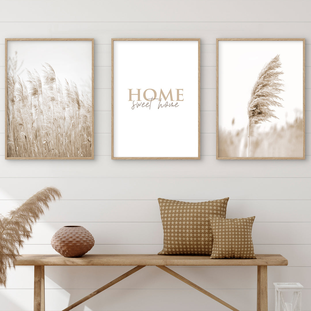 3-teiliges Premium Poster Set Beige Gräser "Home Sweet Home" - Reframed Poster Sets