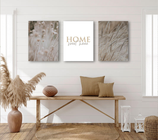 3 teilige beige boho home sweet home Gräser Leinwand - Reframed Poster Sets
