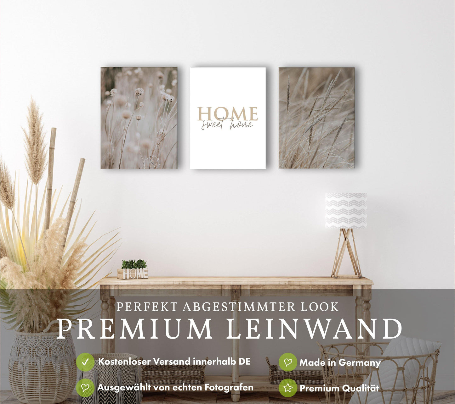 4 teilige beige boho home sweet home Gräser Leinwand - Reframed Poster Sets