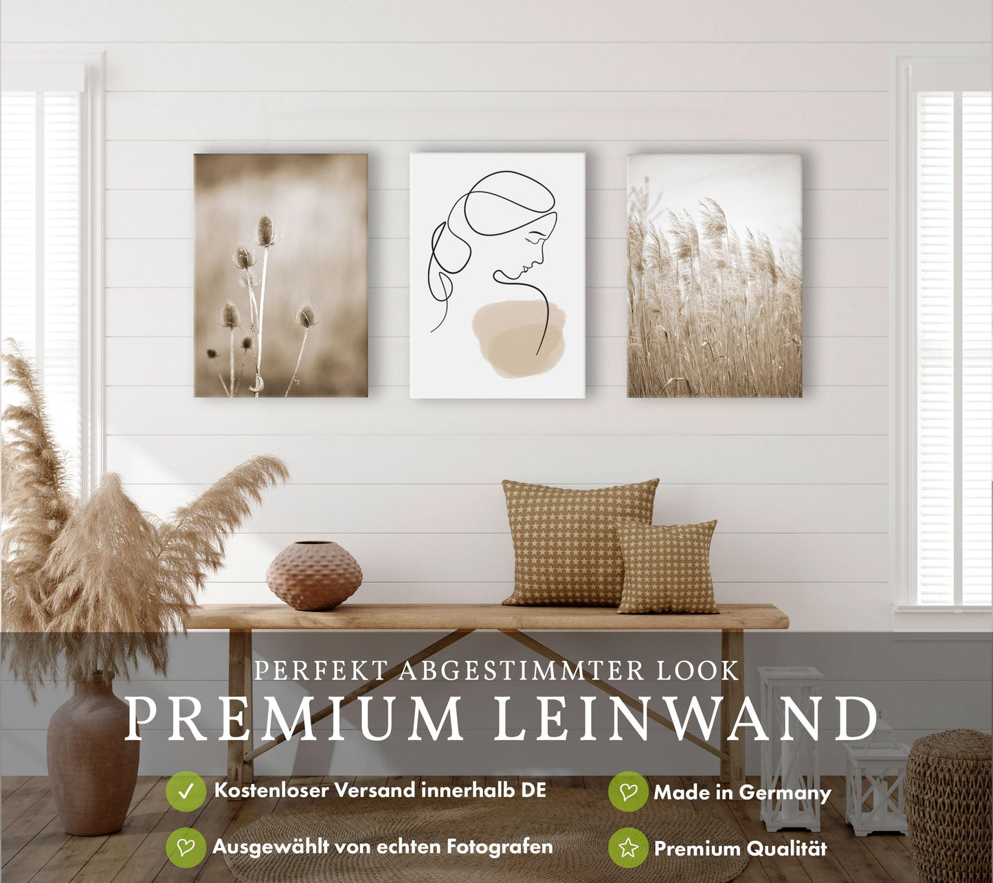 Beige Lineart Bilder Set auf Premium Leinwand - 3-tlg.