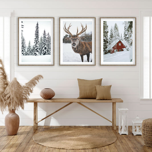 3- teiliges Poster Set Winter hirsch Hütte reframed