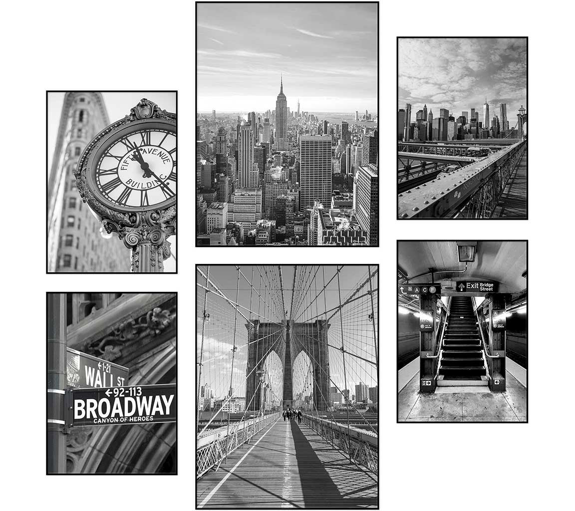 6-teiliges Premium New York Poster Set in schwarzweiß - Reframed Poster Sets