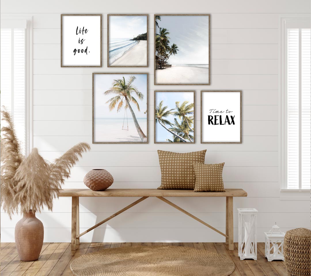 6-teiliges Premium Poster Set weißer Strand Schaukel Palme - Reframed Poster Sets wand