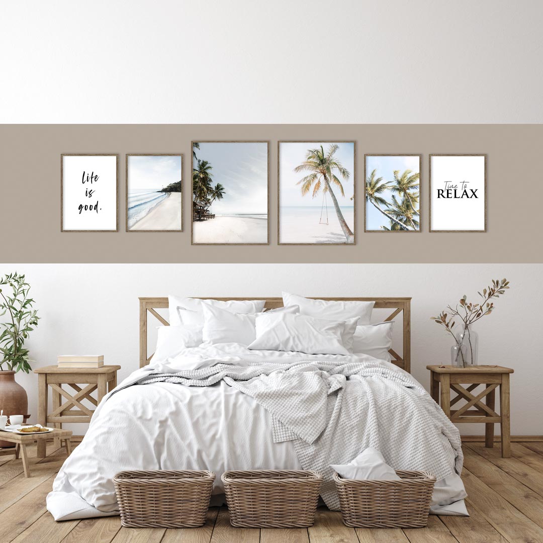 6-teiliges Premium Poster Set weißer Strand Schaukel Palme - Reframed Poster Sets wand3