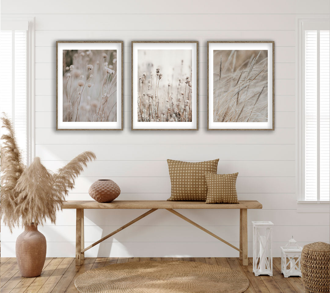 premium poster set beige boho gräser white framed 3-teilig